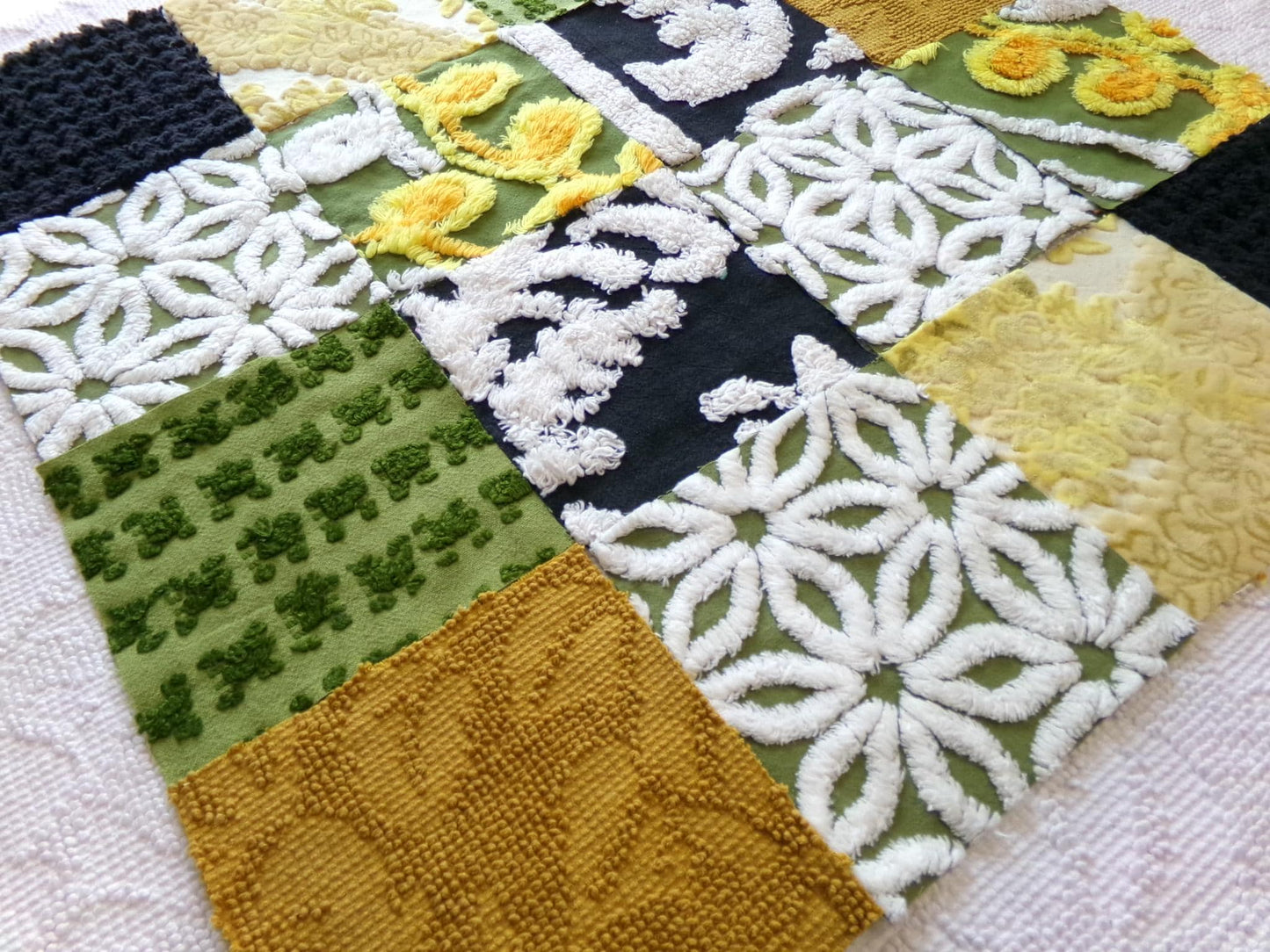 bewitching blend of vintage 6" chenille squares, set of 16 quilt blocks, rotary cut from boho vintage chenille bedspread fabrics