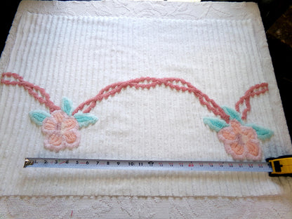 rose garland vintage chenille fabric, floral 20" x 29" piece of white cotton sewing material for crafts, pillows