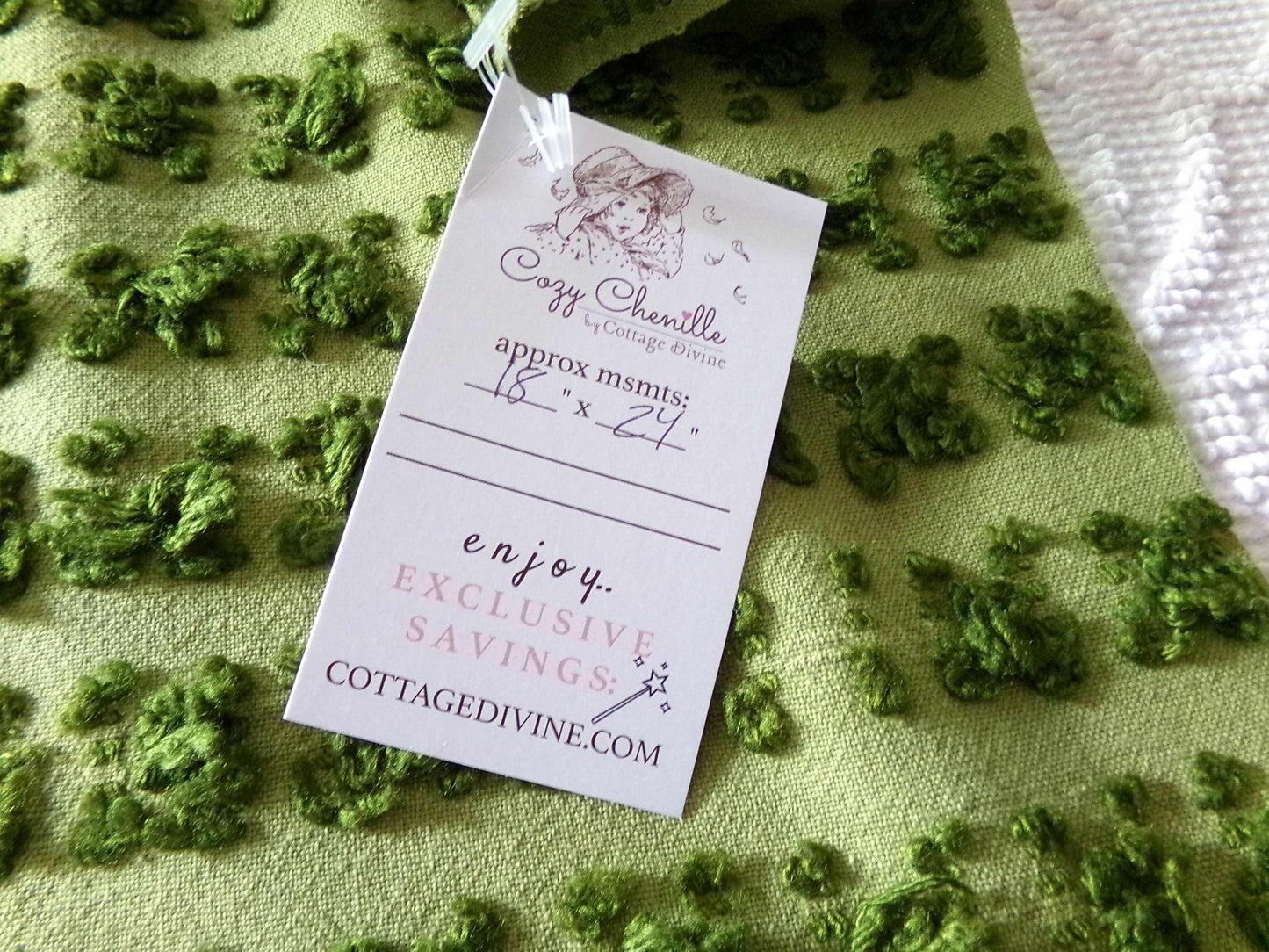 Hippie Chic Vintage Green Rosebud Chenille Fabric, 18" x 24" inch Piece, Boho Fabulous Tonal Roses