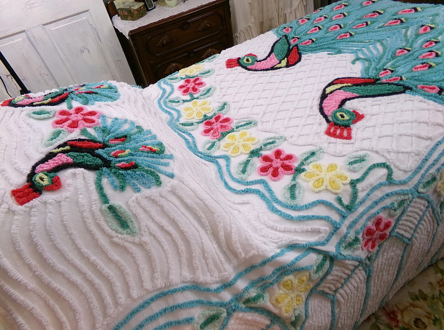 shabby chic peacock vintage chenille bedspread, iconic kitsch lovebird design, white cotton full size bedding