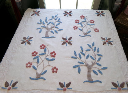 mystic roots vintage chenille fabric w/ 3D tufted earthy tree, floral & star design, 28" x 29" cut piece for wall hangings, fiber arts