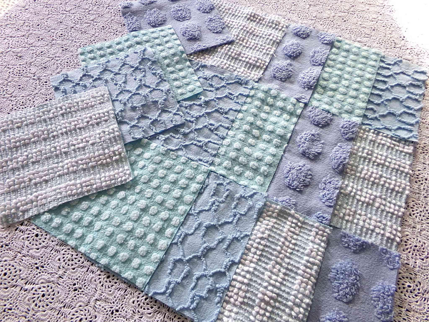 lake breeze vintage chenille quilt squares, set of 16 cool blue & aqua cotton 6" quilt blocks for quilting, upcycling into crafts