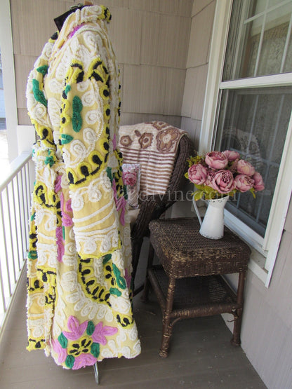Plus Size Chenille Robe, Rise 'n Shine, XL XXL Bathrobe with Sculpted Cake Frosting Florals in Black & Sunny Yellow, Art to Wear