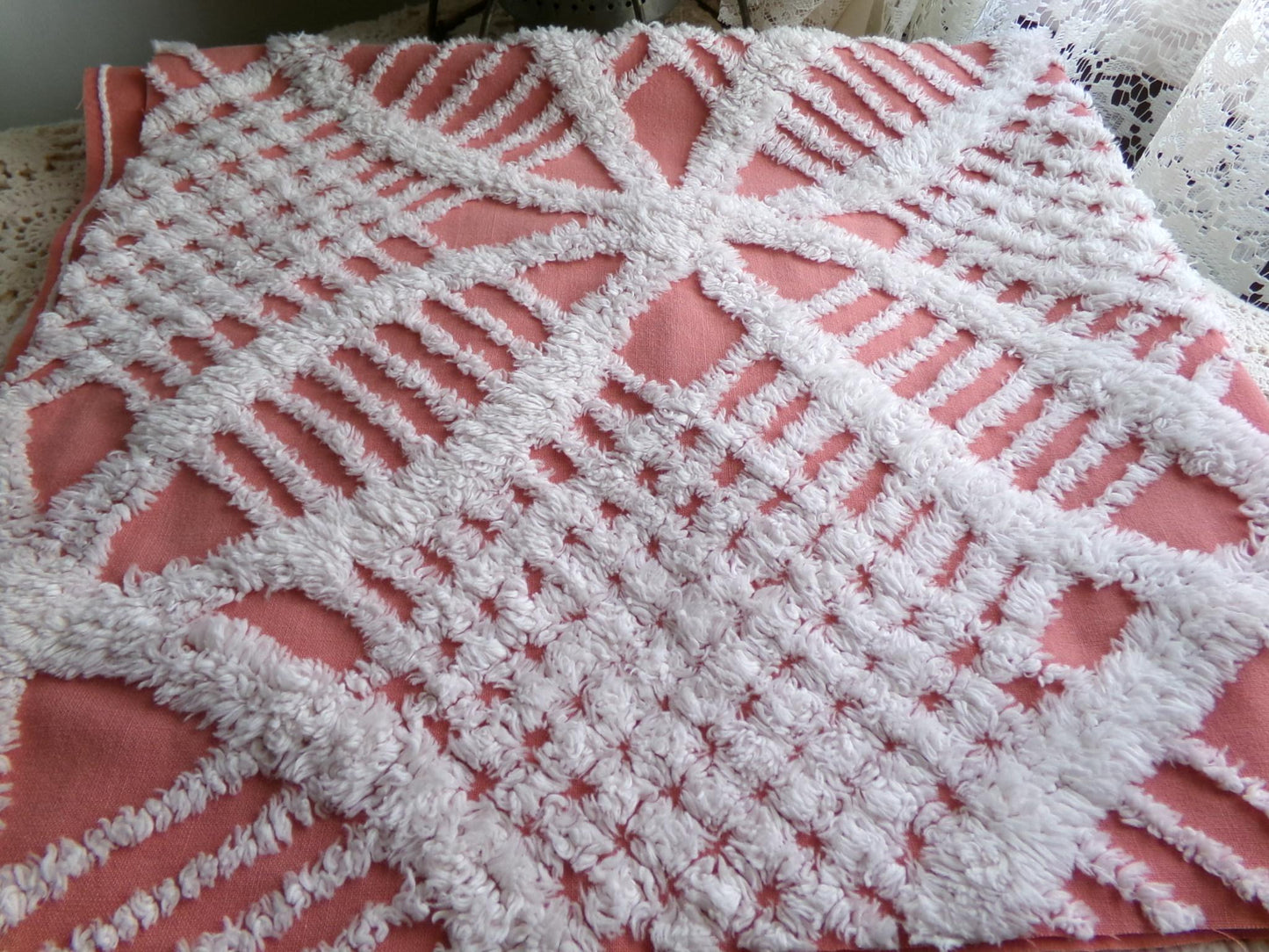 Unique Terracotta Rose Vintage Chenille Fabric, 29" x 27" Inch Piece, White Geometric Designs
