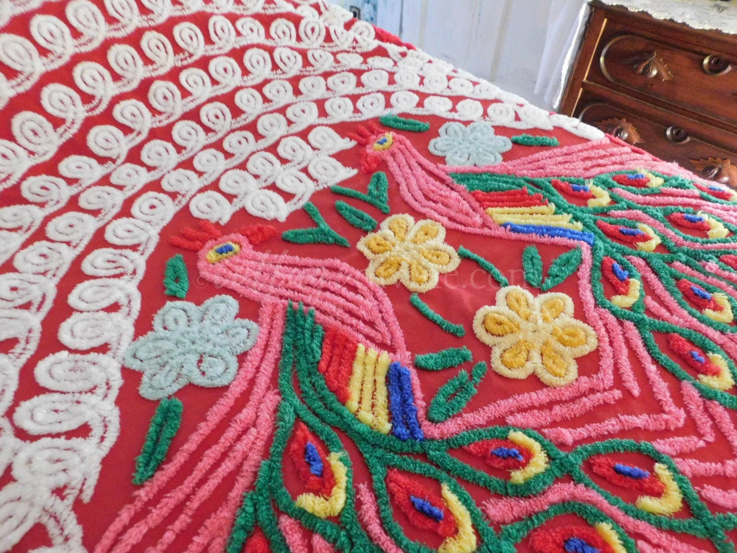 Love is all Around Vintage BOLD PEACOCK Chenille Bedspread, Full Size, Rainbow Red Rapture