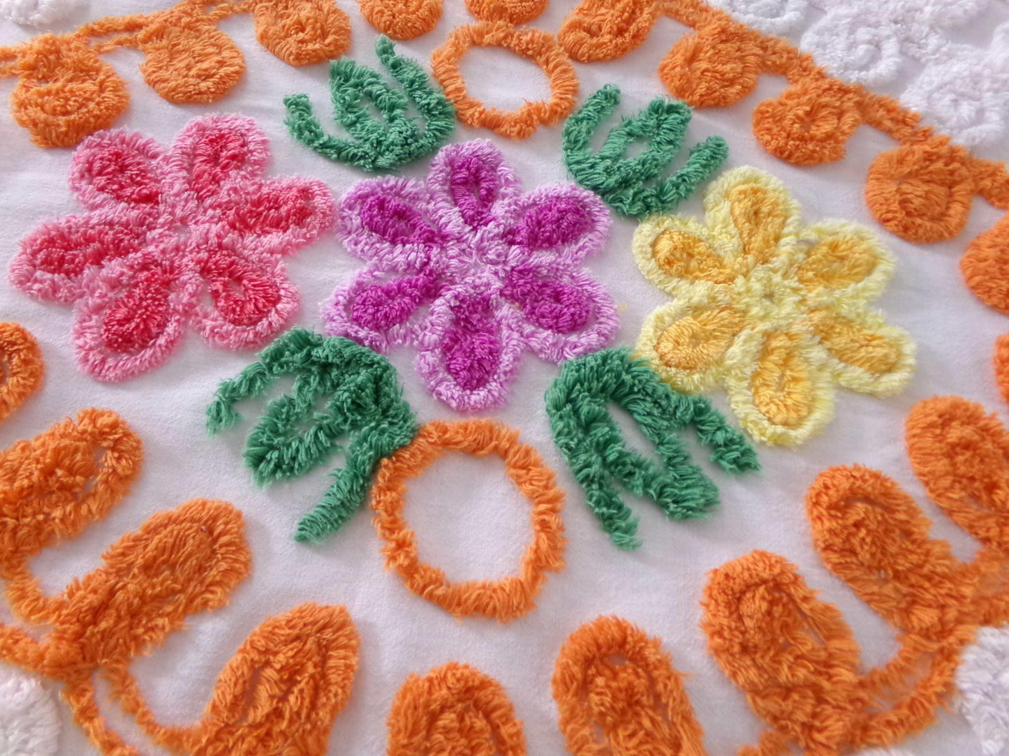 Vintage Chenille Bedspread Quilt Fabric Plush Citrus Orange Swirls & Flowers, 22" x 20" inch piece, Unique Design
