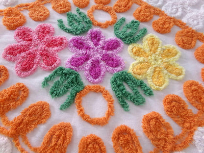 Vintage Chenille Bedspread Quilt Fabric Plush Citrus Orange Swirls & Flowers, 22" x 20" inch piece, Unique Design
