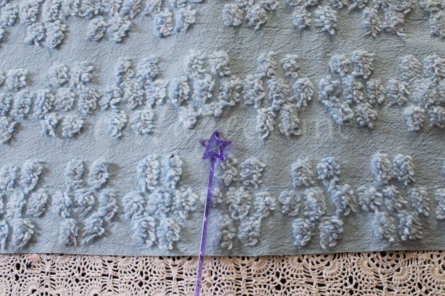 Adorable Blue Daisy Vintage Style Chenille Quilt Fabric, 24" x 20"-inch Piece