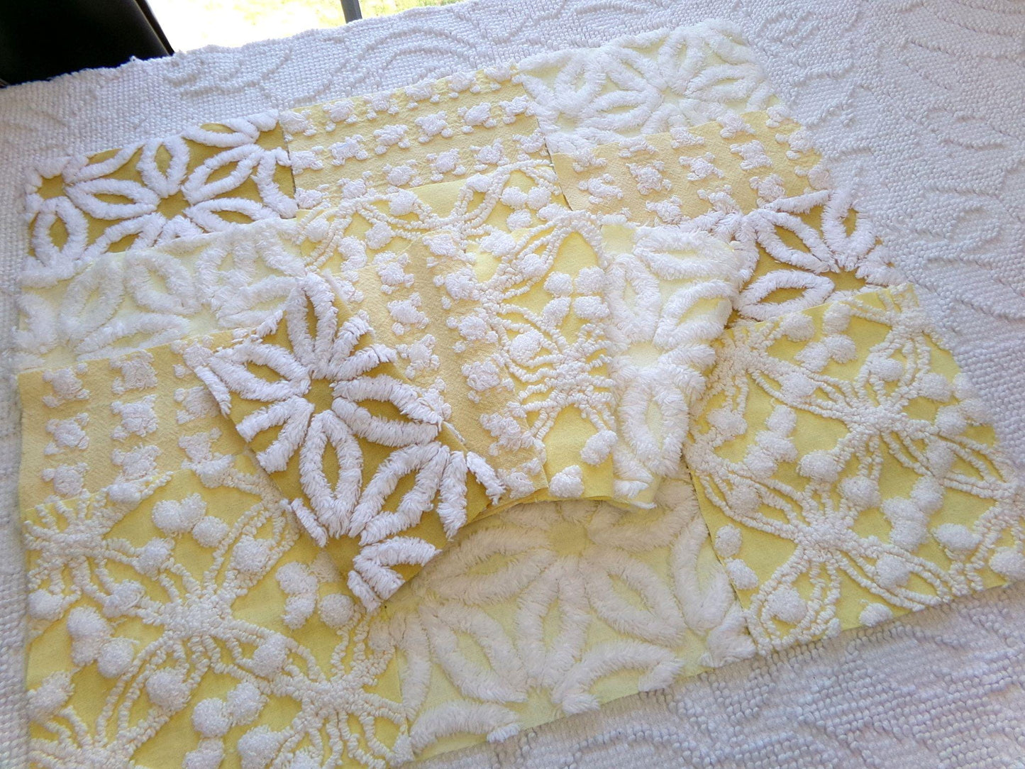 boho sunshine chenille fabric squares, set of 16 vintage quilt blocks 6" ea, natural sunrise yellow, white rosebud, golden harvest daisy