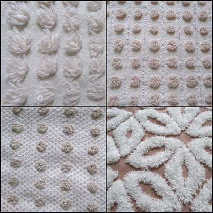 contemporary neutral chenille fabric squares, set of 4 texturized vintage large quilt blocks 12" inches ea, dots & daisies