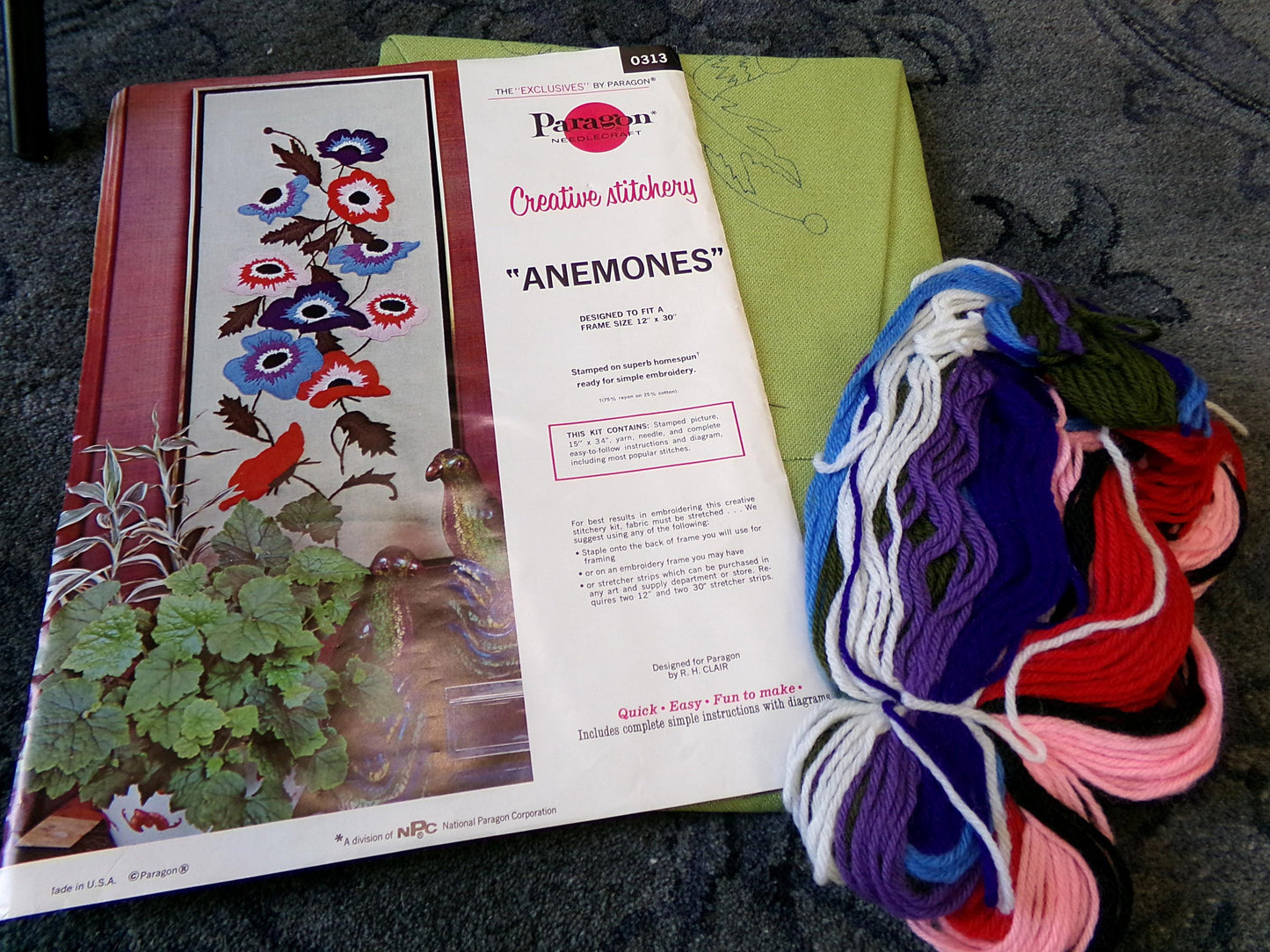 ANEMONES Crewel Embroidery Kit, Vintage Paragon Stitchery 0313, Large Hippie Floral Wallhanging Design by R.H. Clair