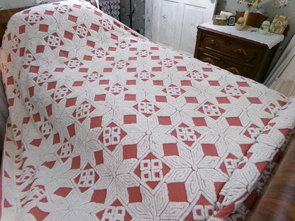 Modern Boho Terracotta Chenille Bedspread, Rustic Eight Point Star Vintage Quilt Style Design, Full Size Country Bedding