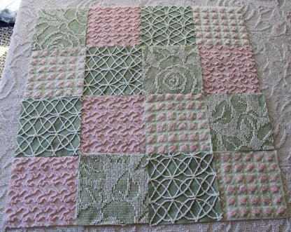 rosy romance chenille fabric squares, set of 16 vintage quilt blocks 6" inches ea, squiggle, hobnail, rosebud texture in jade & pink rose
