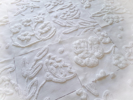 Vintage Chenille Fabric Squares in Winter Garden White Florals from Vintage Bedspread Fabric, Set of 16 Quilt Blocks, 6" x 6" inch