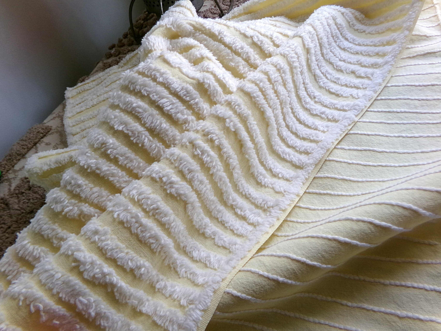 Sunny Yellow Striped Vintage Chenille Quilt Fabric, 18" x 30" inch Piece, White Stripes, 100% Cotton