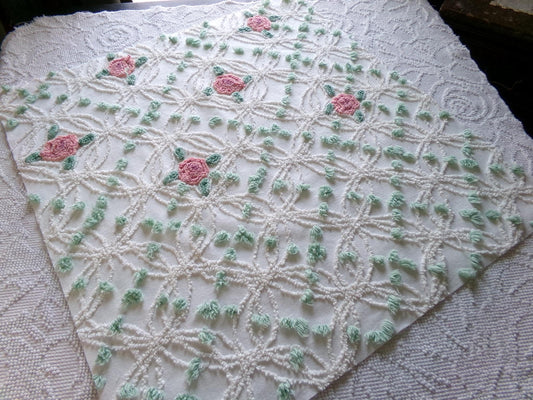 Cottage Life Vintage Chenille Fabric, 23" x 25" Piece, Beautiful Pink Roses Nested in White Wedding Rings with Mint Green Pops
