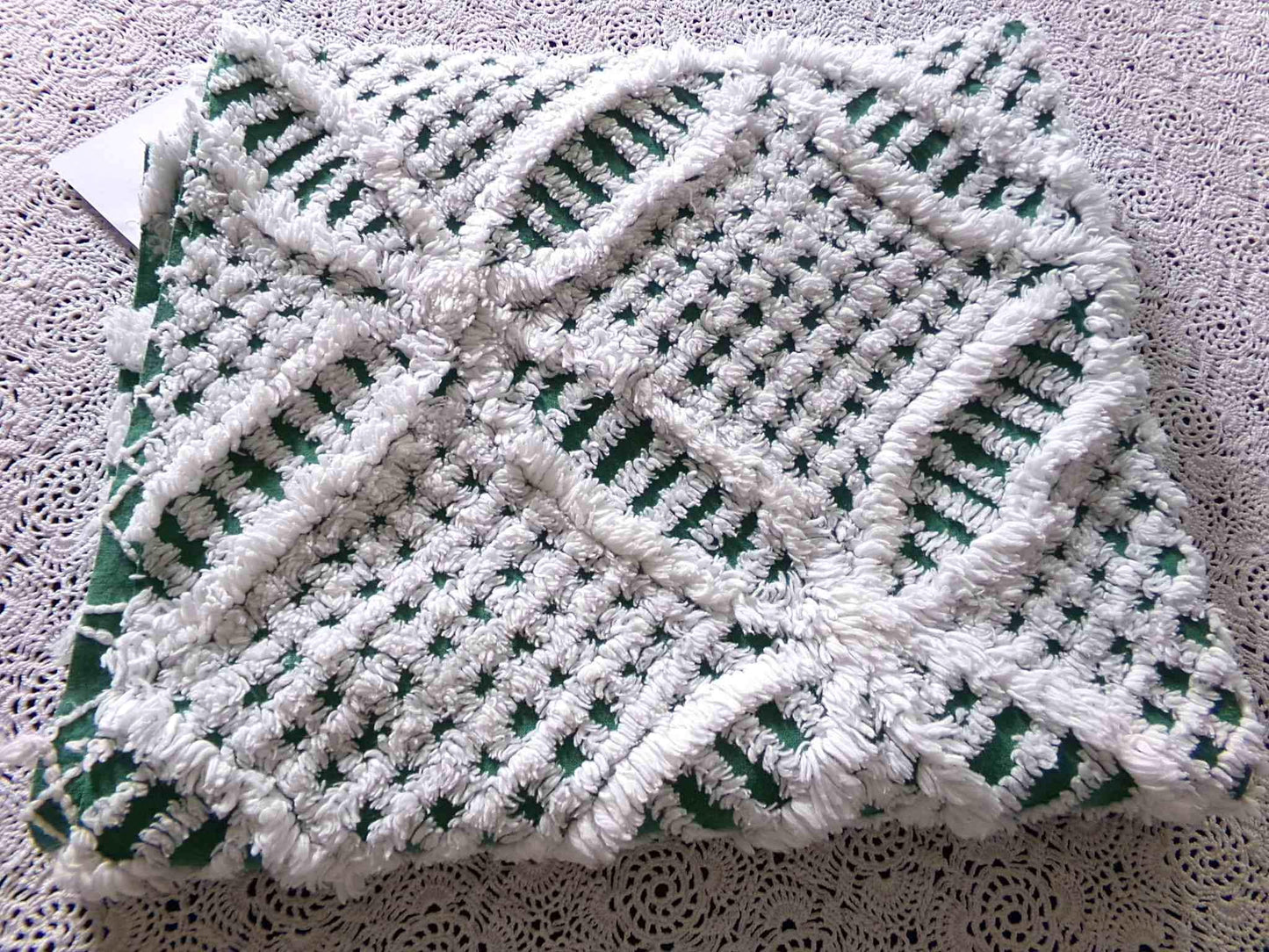 Rich Green Vintage Chenille Fabric, 20" x 24" inch Piece, Plush White Wedding Ring Geometric Design