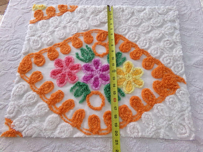Vintage Chenille Bedspread Quilt Fabric Plush Citrus Orange Swirls & Flowers, 22" x 20" inch piece, Unique Design