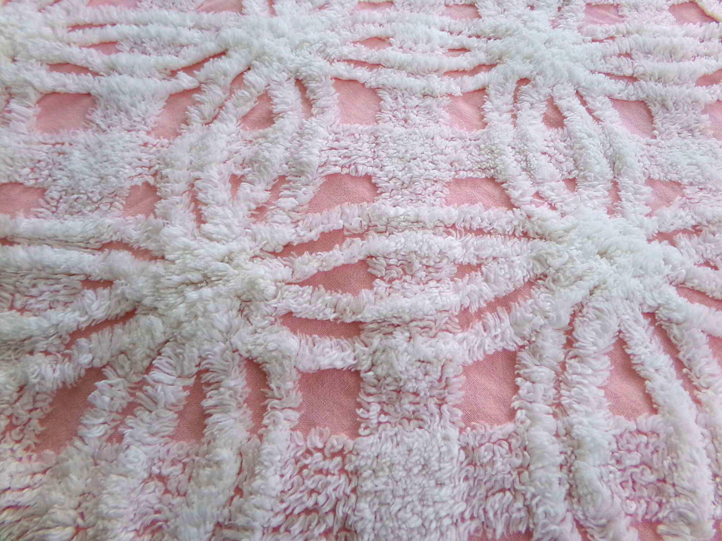quilter's favorite chenille fabric, classic pink & white spider tufted sewing material, 20" x 24" inch piece from vintage chenille bedspread