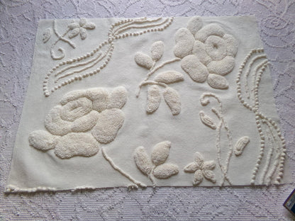 ivory rose vintage chenille fabric, vintage cotton 15" x 21" cut piece with sprawling stylized roses for quilting crafts and sewing