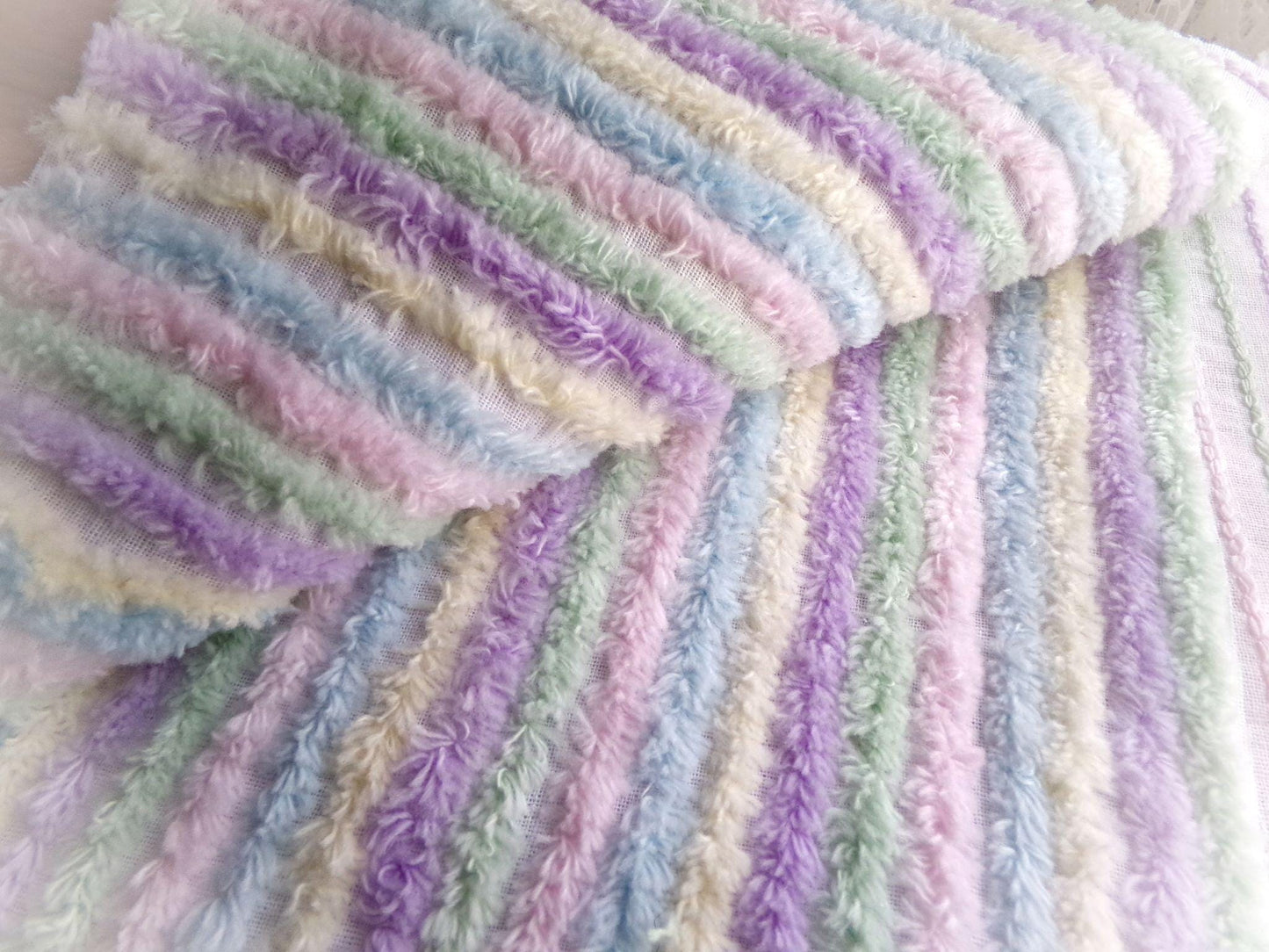 Pastel Rainbow Stripes Vintage Chenille Fabric, 18" x 24" inch Piece, Pretty in DIY Pillows, Handmade Quilts