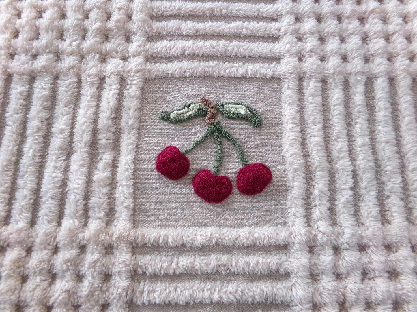Adorable Cherries Vintage Chenille Fabric, 18" x 24" inch piece of sewing material with 6 cherry bunches for quilts, pillows, wall hanging