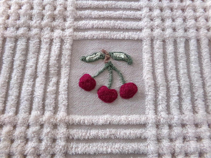 Adorable Cherries Vintage Chenille Fabric, 18" x 24" inch piece of sewing material with 6 cherry bunches for quilts, pillows, wall hanging