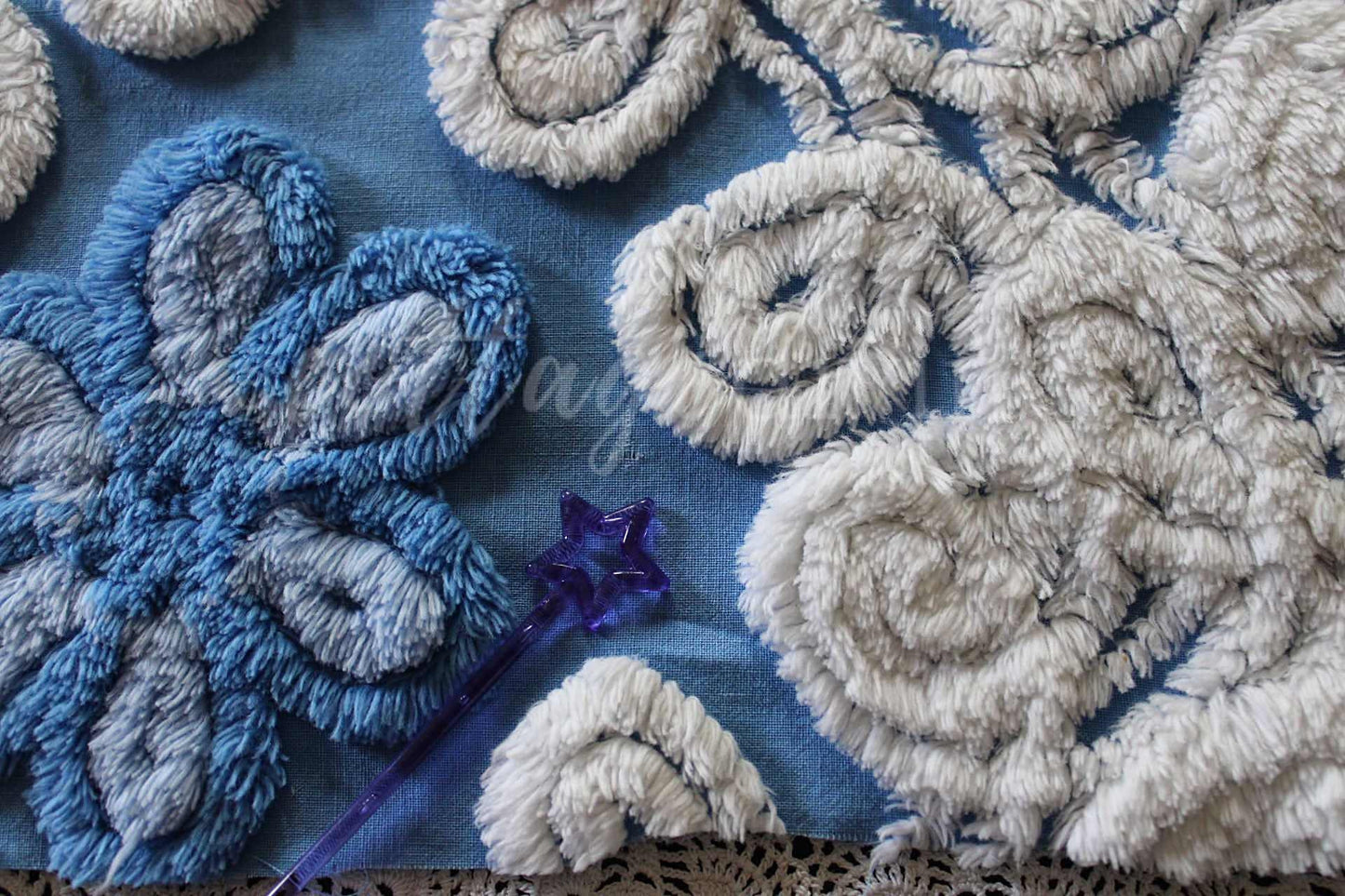 Blueberry Soft Snowdrops Vintage Chenille Fabric, 23" x 20" inch piece, for Pillows & Crafts