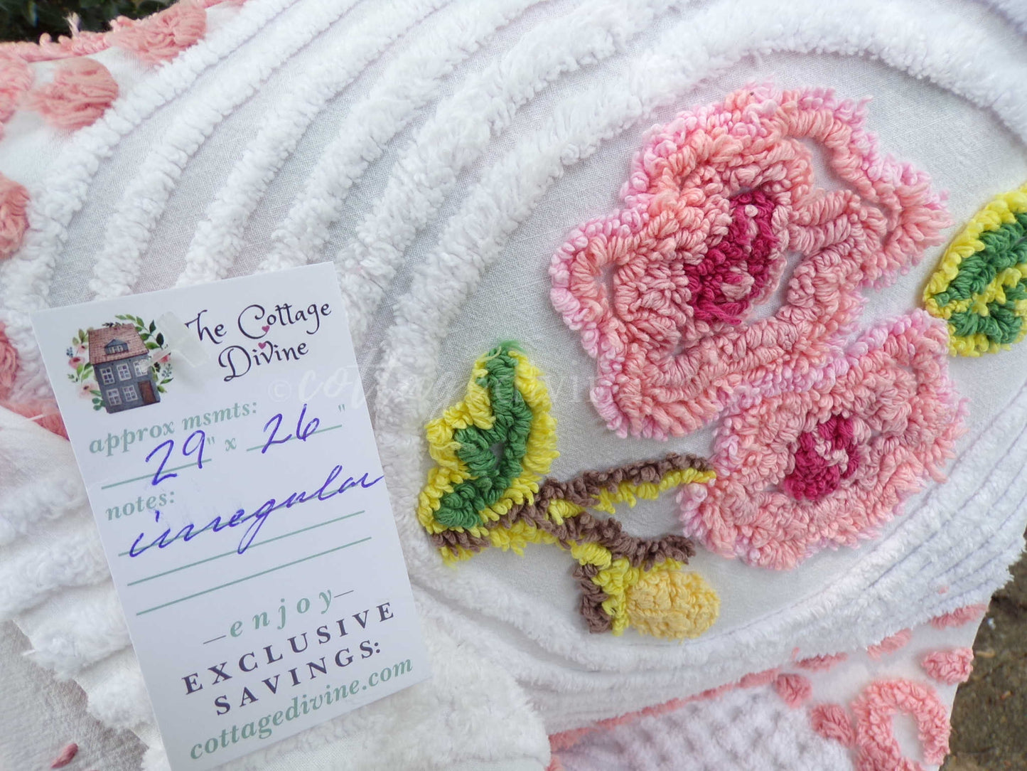 Shabby Rose Swirl Vintage Chenille Fabric, 26" x 29" inch Piece, Upcycle into Pillows, Quilts & Crafts
