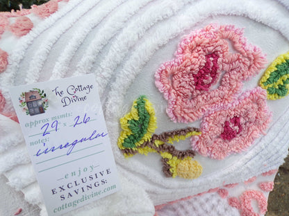 Shabby Rose Swirl Vintage Chenille Fabric, 26" x 29" inch Piece, Upcycle into Pillows, Quilts & Crafts