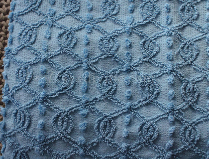 Unique Blue Eternity Link Chenille Seersucker Fabric, Vintage 20" x 24" inch Piece of Sewing Material, Needletuft Geometric Pops Design
