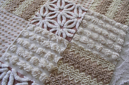 creamy vanilla mocha chenille fabric squares, set of 16 vintage quilt blocks 6" inches ea, daisy, squiggle, puffy pop texture