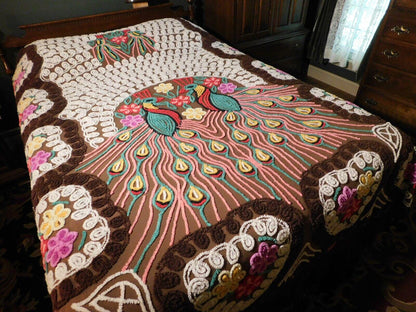 Iconic Vintage Peacock Chenille Bedspread, Rainbow Lovebirds & Hearts, FULL Size