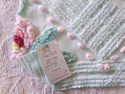 Rose Aqua Mist Vintage Chenille Fabric, 25" x 24" Piece, 100% Lightweight Cotton, Lovely Simple Floral Geometric Design