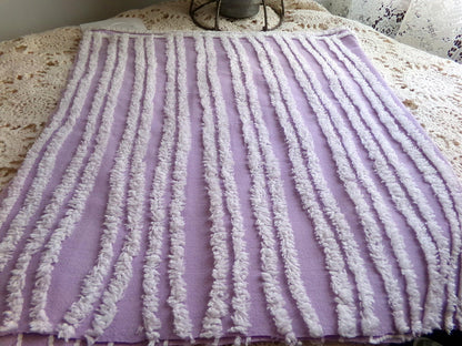 easter lilac chenille fabric, white tufted stripes on purple, 15.5" x 27" inch piece cut from vintage chenille bedspread