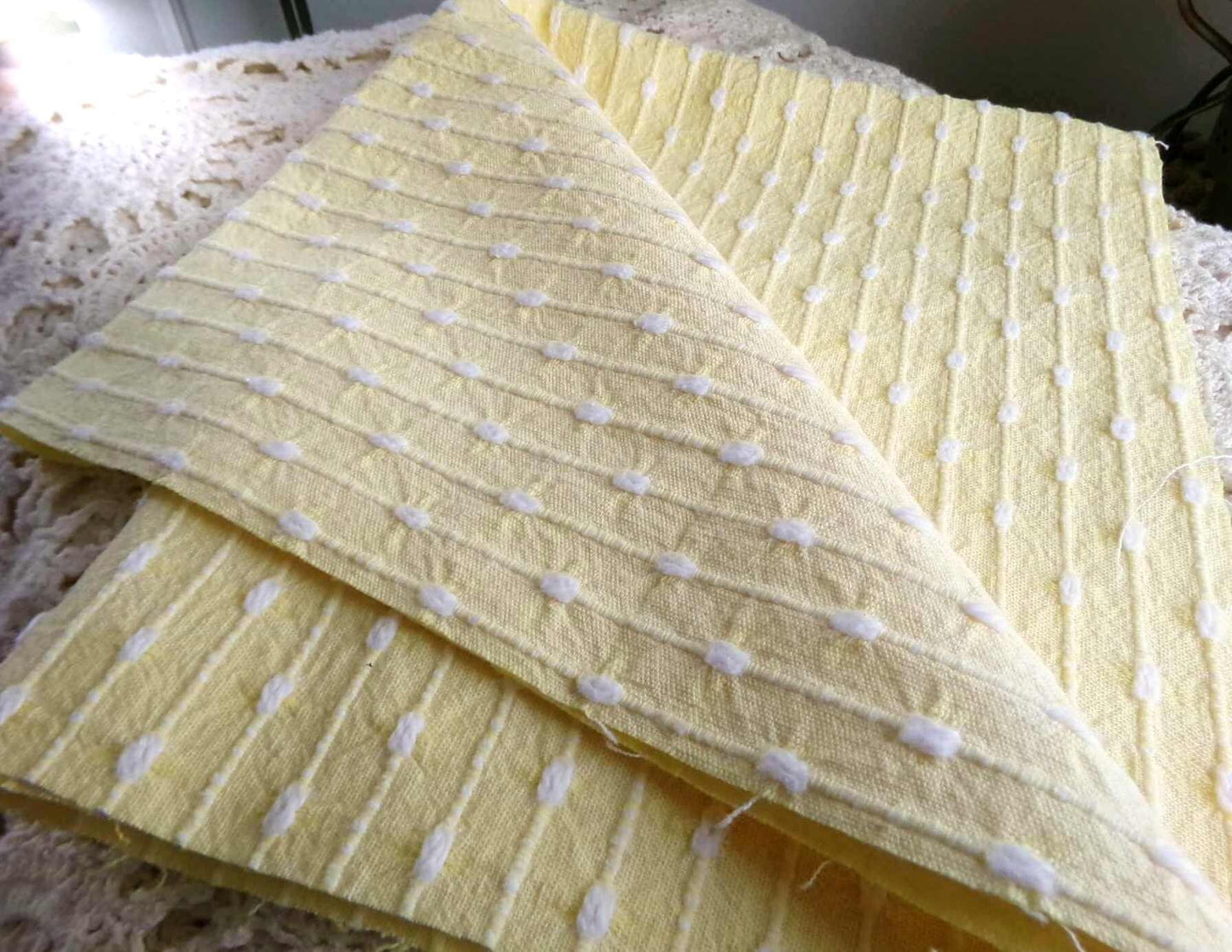 Sunny Yellow Vintage Woven Fabric With Tiny White Chenille Pearl Tufts, Lightweight 20" x 14" Piece