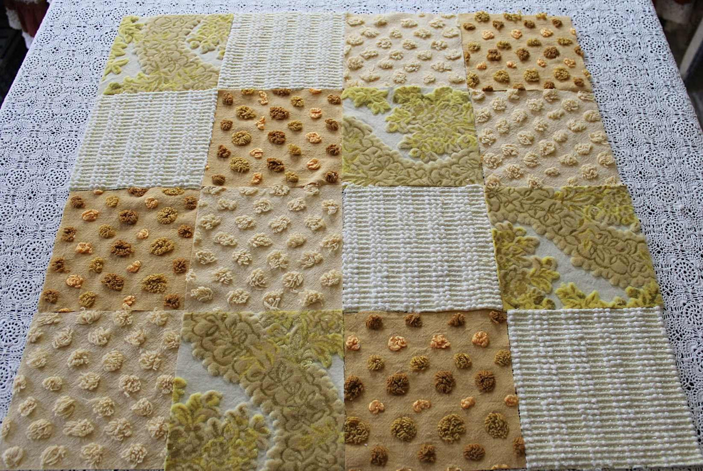 Golden Glow Chenille & Velvet Quilt Squares Set, from Vintage Bedspread Fabric, 16 Blocks, 6" x 6" inches each, Shades of Gold, Yellow