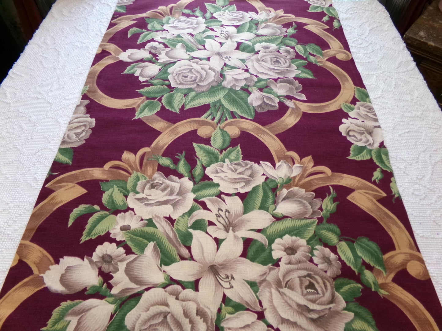 Shabby Vintage Barkcloth STYLE Cotton Fabric, Golden Beige Roses & Lilies on Rich Maroon Wine 21" x 30", Deconstructed Curtain Panel