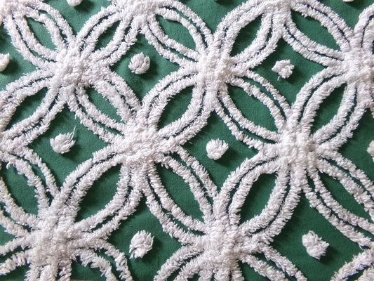 gorgeous green vintage chenille fabric, tufted white wedding rings, fluffy dots on evergreen, 20"x 27" inch piece of quilt & sewing material