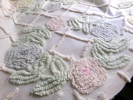 Pastel Spring Floral Wreaths Vintage Chenille FABRIC PIECE, 21" x 30" inches, Antique Cream
