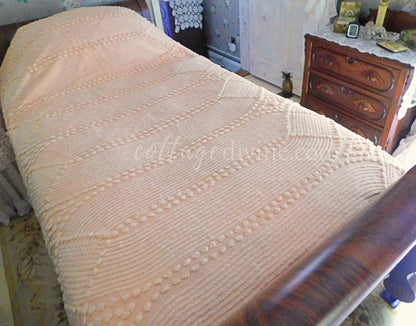 Graceful Waterfall Iced Peach Vintage 1940s Chenille Bedspread, Full Size, Cotton
