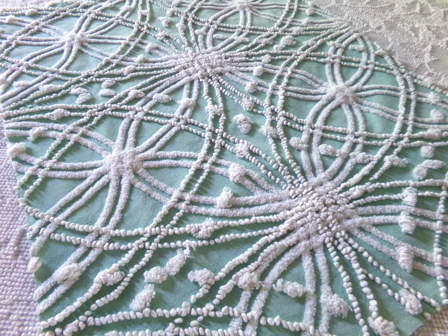 Striking Creamy Jade Green Vintage Chenille Bedspread Fabric, 19" x 23" inch Piece, White Spider Tuft Texturized Design
