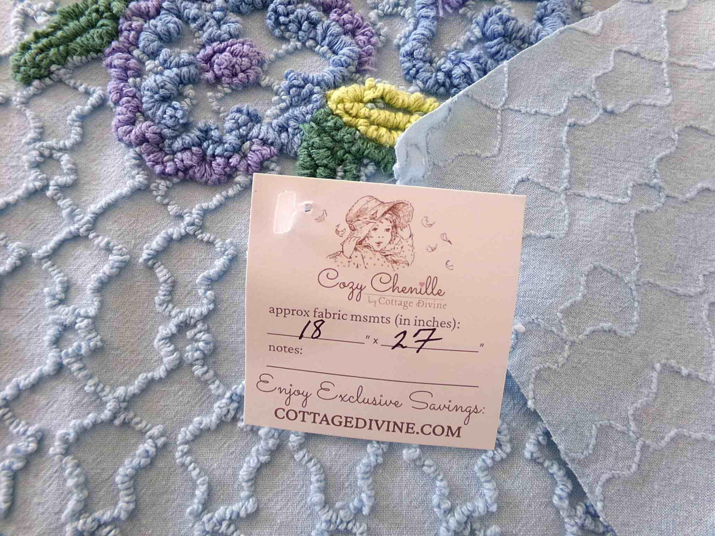 Evening Blue Floral Vintage Chenille Fabric in Chain Link Design with Tufted Flowers, 27" x 18" inch Piece, 100% Lightweight Cotton Material