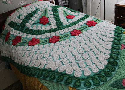 Dazzling Vintage Green Chenille Bedspread, Plush Cherry Pink Red Roses, Full Size