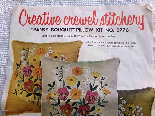PANSY BOUQUET Pillow Kit by Paragon Creative Stitchery #0776 in Harvest GOLD, Vintage Hippie 1970s Crewel Embroidery, 14" x 14" Square Size