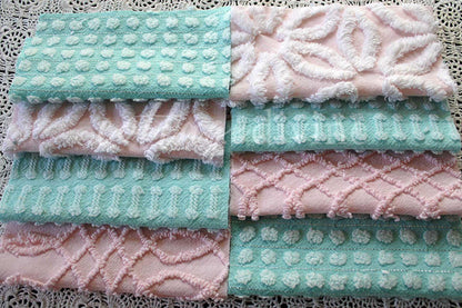 Pink & Aqua Chenille Quilt Squares Set, Rotary Cut from Vintage Chenille Bedspread Fabric, 16 Blocks, 6" x 6" inch each