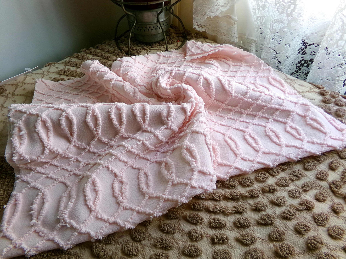 Chic Pink Eternity Links Vintage Chenille Fabric, 18" x 25" inch piece, Delicate Needletuft Design