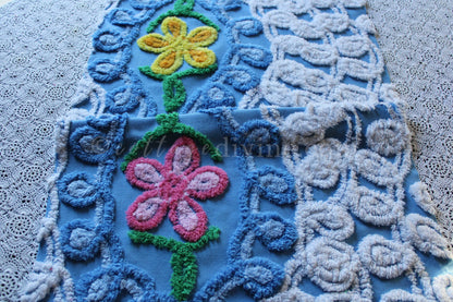 Sky Blue Swirls Vintage Style Chenille Fabric, 16" x 28" Inch Floral Piece, White Curlicues