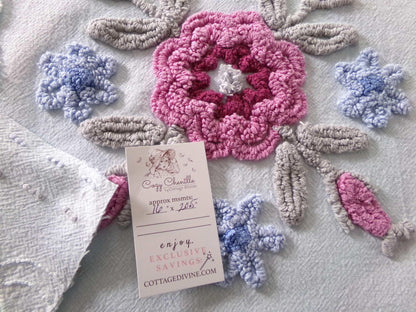 exquisite floral bloom chenille fabric, so pretty for pillow cover, 16" x 20.5" needletuft piece in ice blue with mauve pink flowers