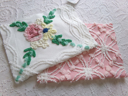 Cottage Style Vintage Chenille Fabric Bundle for Sewing, Quilting in Pink Floral, White & Green | 2 Pieces 12" x 18" each